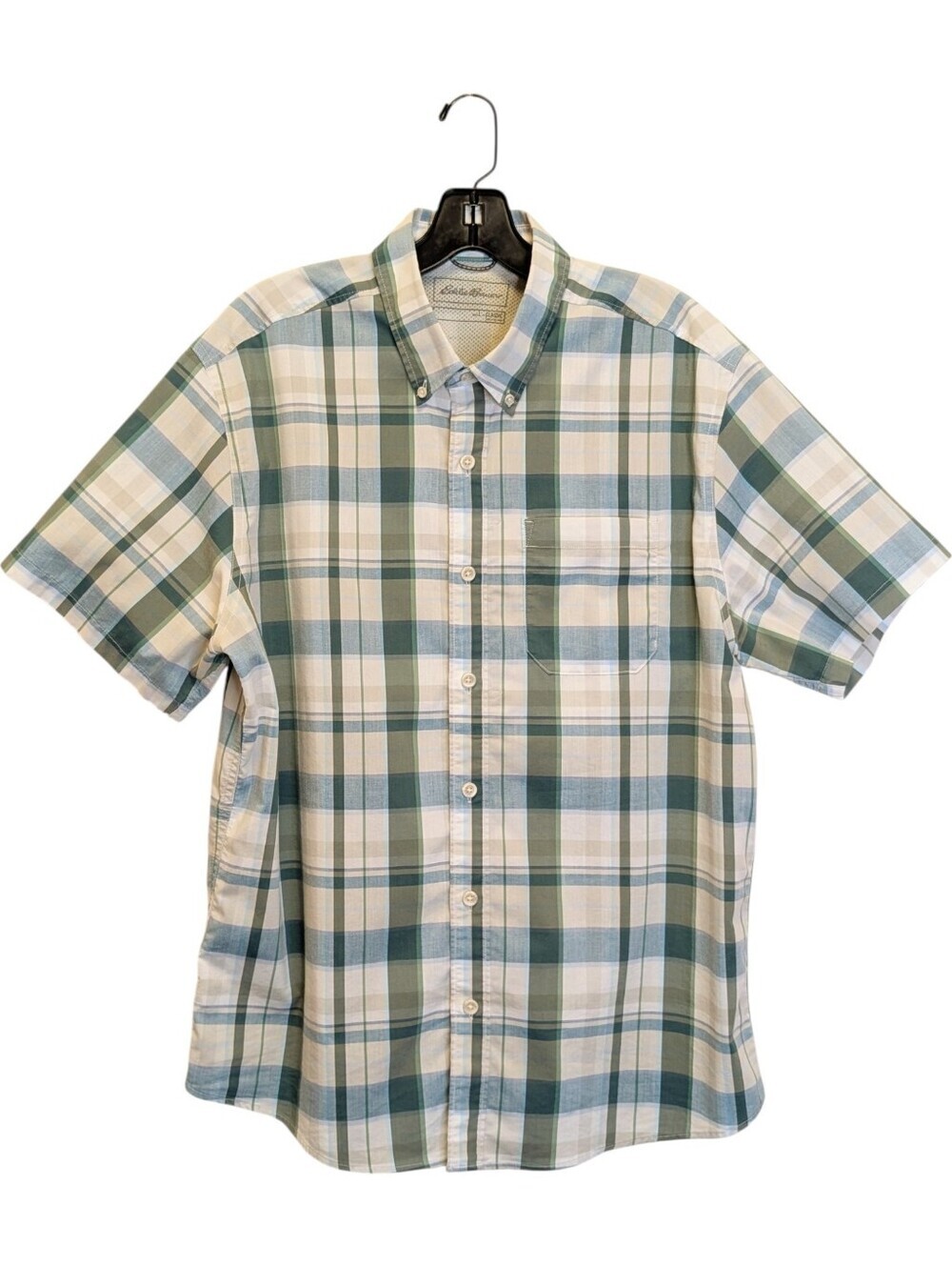 Eddie Bauer Men's Voyager Flex Short Sleeve Plaid Shirt Seamoss L